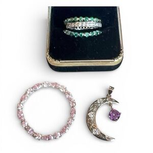 Sterling Silver 925 LOT Rings and Pendants Lot Green, Clear & Pink Stones Moon